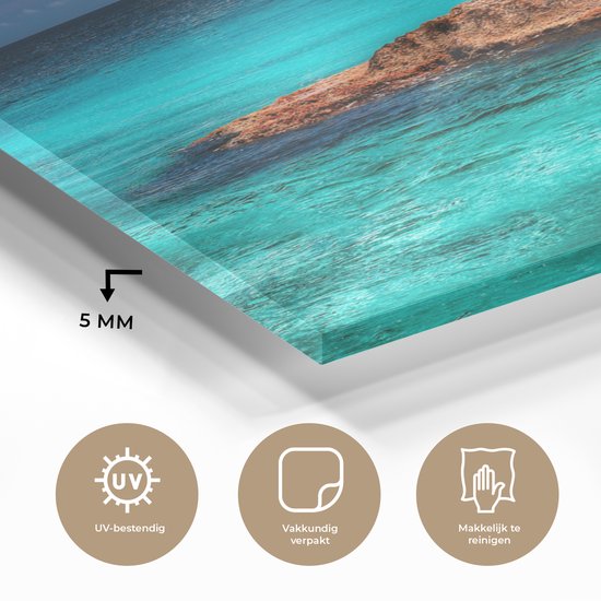® Glasschilderij 90x90 cm - Schilderij acrylglas - Skyline van Cancun met helderblauw water - Foto op glas - Muurdecoratie woonkamer - Wanddecoratie slaapkamer - Schilderijen