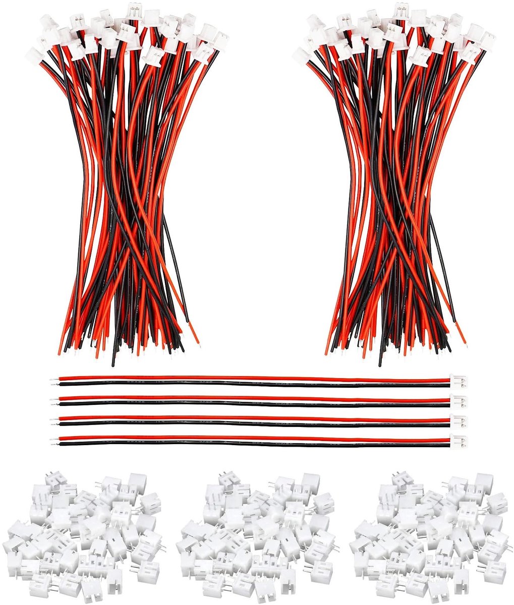 aladdien - Micro JST-PH 2.0 - 2 Pin Male Female Plugs - 100 Pairs - Rood en Zwart - Mini Plug - Perfect voor Elektronica Projecten - Inclusief Silic..