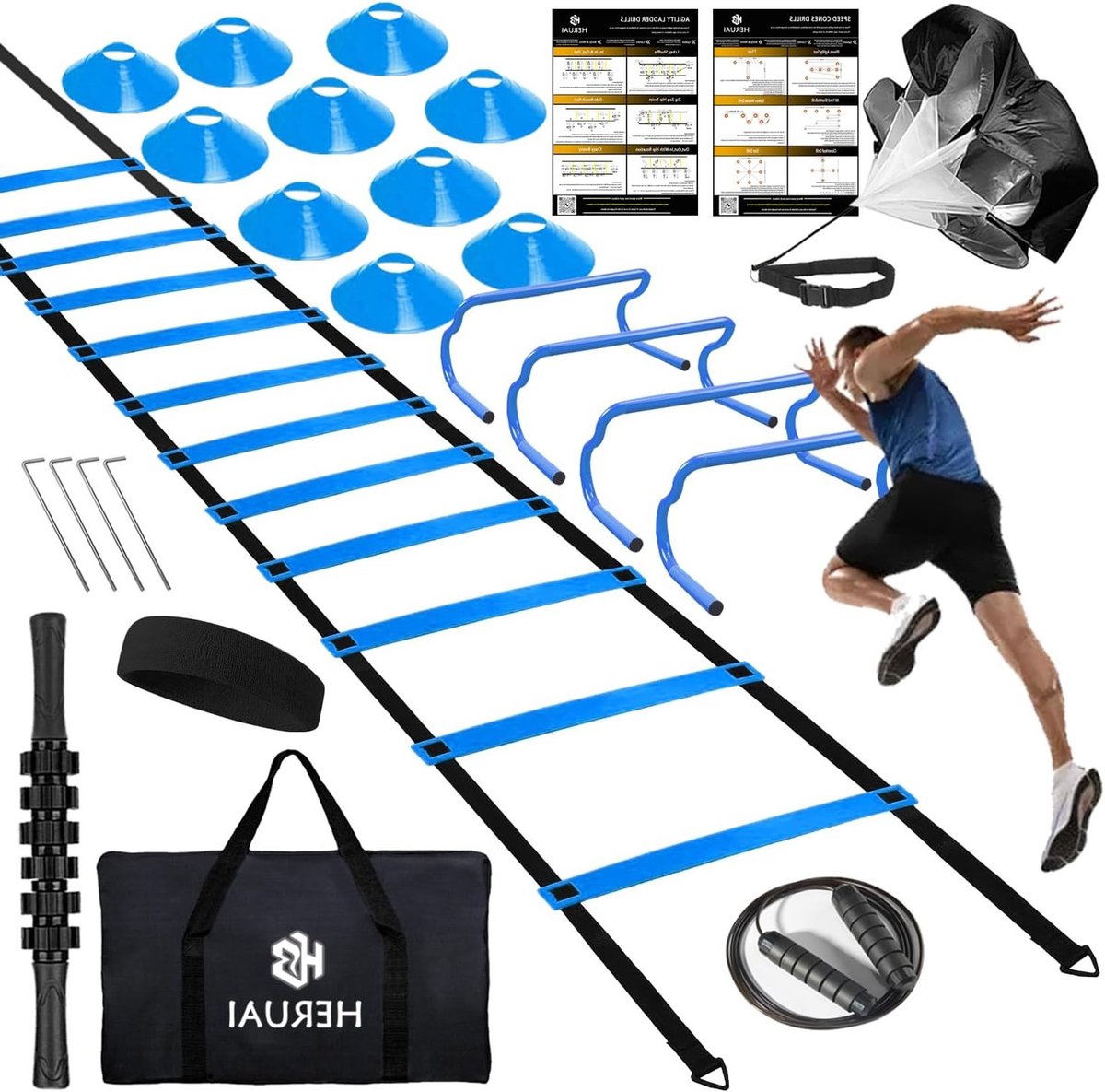 Complete Set voor Snelheidstraining: 20ft Agility Ladder, Horden, Speed Cones en Parachute voor Voetbal en Basketbal Training voor Kinderen en Volwassenen