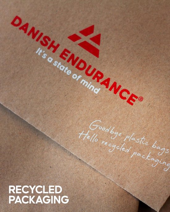 Bruine kartonnen verpakking met de tekst 'DANISH ENDURANCE' en 'Goodbye plastic bags, Hello recycled packaging'.