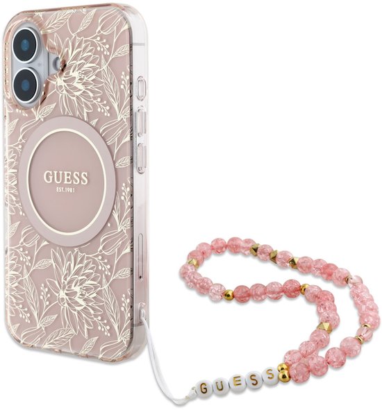 Coque Guess rose à motif floral, MagSafe, logo GUESS, et tour de cou en perles roses avec lettres GUESS.