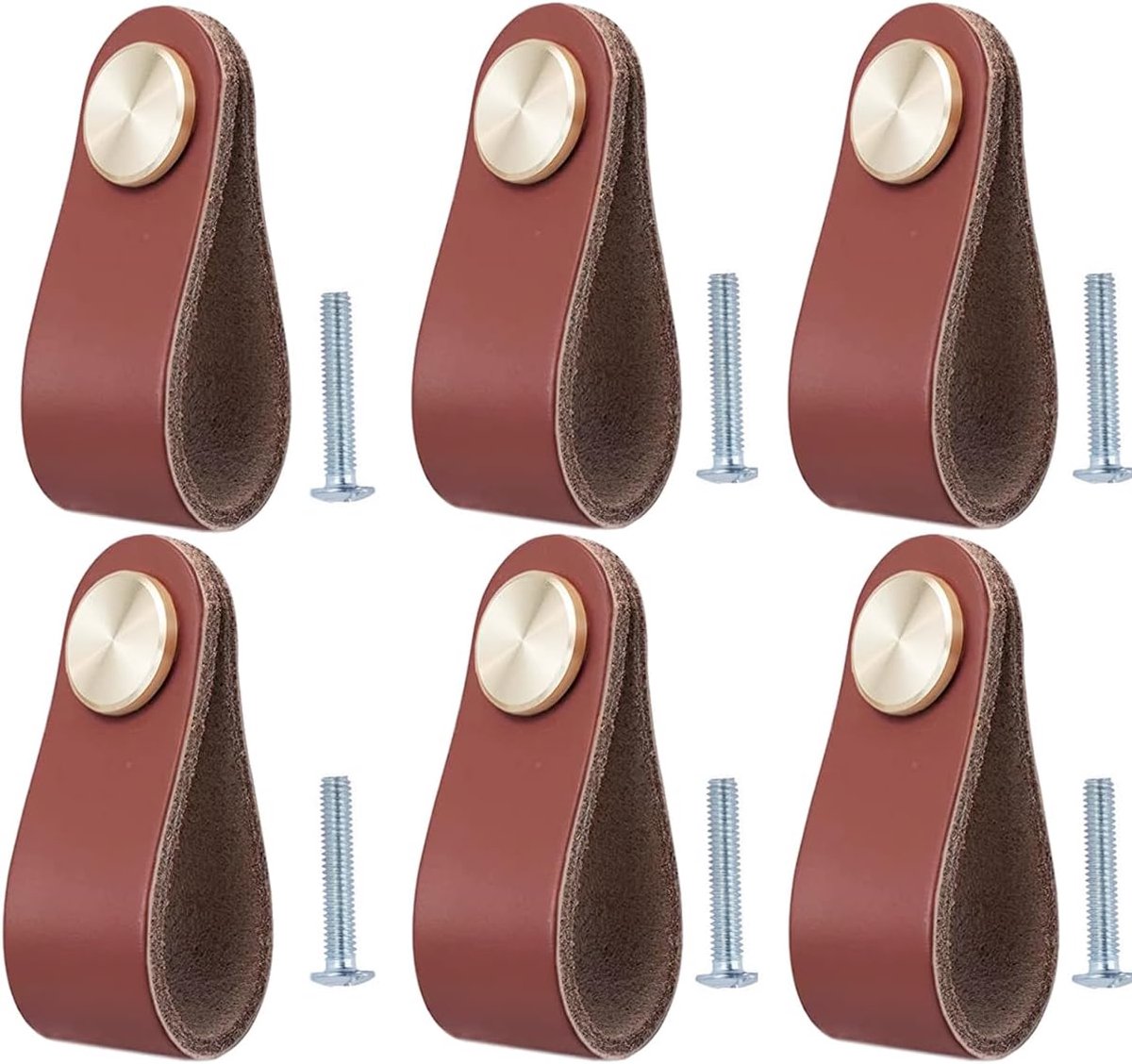Leren Meubelgrepen Set - Handgemaakte Lederen Handgrepen - 6 Stuks - 64x25mm met Messing Kop - Voor Keuken Kast en Lade - Donkere kleur