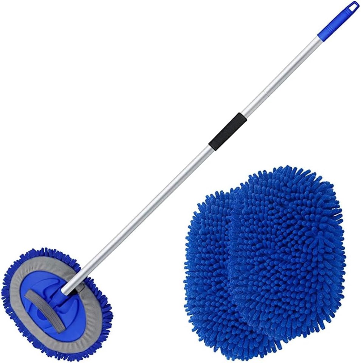 160cm Autowasborstel met Telescoopstiel - 180° Draaibare Verlengbare Auto Wasborstel - 4-delige Inklapbare Lange Handgreep - Multifunctionele Wasmopper voor Auto, Camper, Truck - Blauw - 1 Stuk
