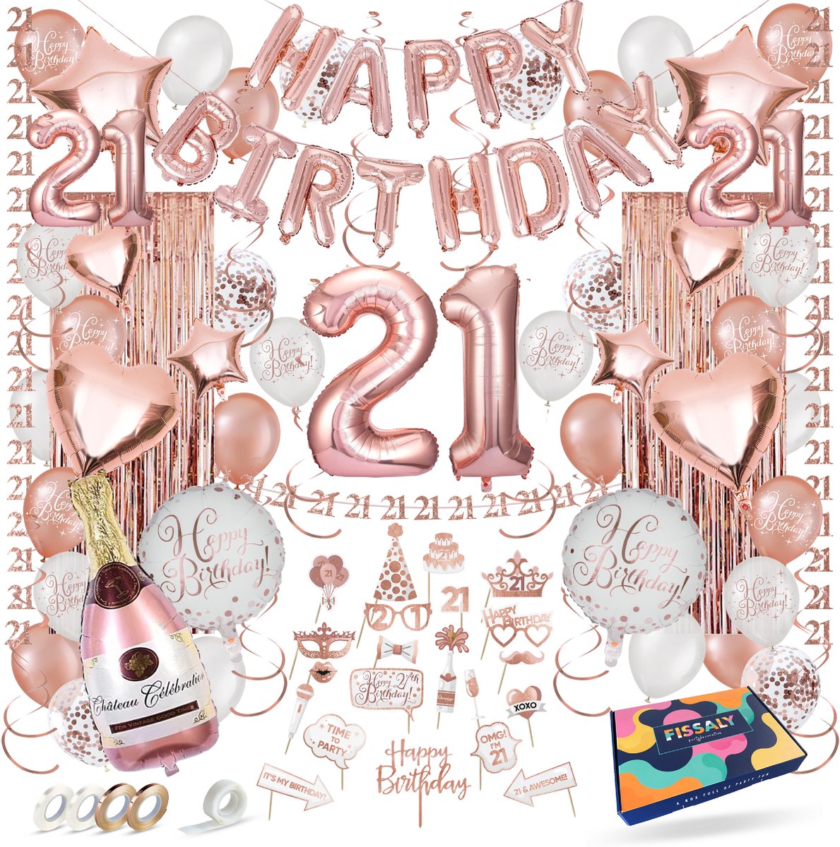 Fissaly 21 Jaar Rose Goud Verjaardag Decoratie Versiering - Helium, Latex & Papieren Confetti Ballonnen