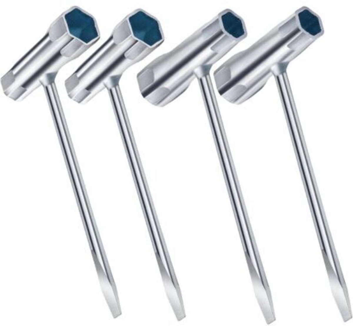 Een set van vier combinatiesleutels van 13 x 19 mm, geschikt geschikt voor geschikt voor kettingzagen en kettingzaagmachines.