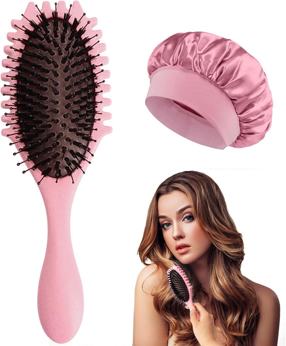 Krulborstel met Zijden Slaapmuts - Voor Definieerde Krullen, Styling en Minder Pluis