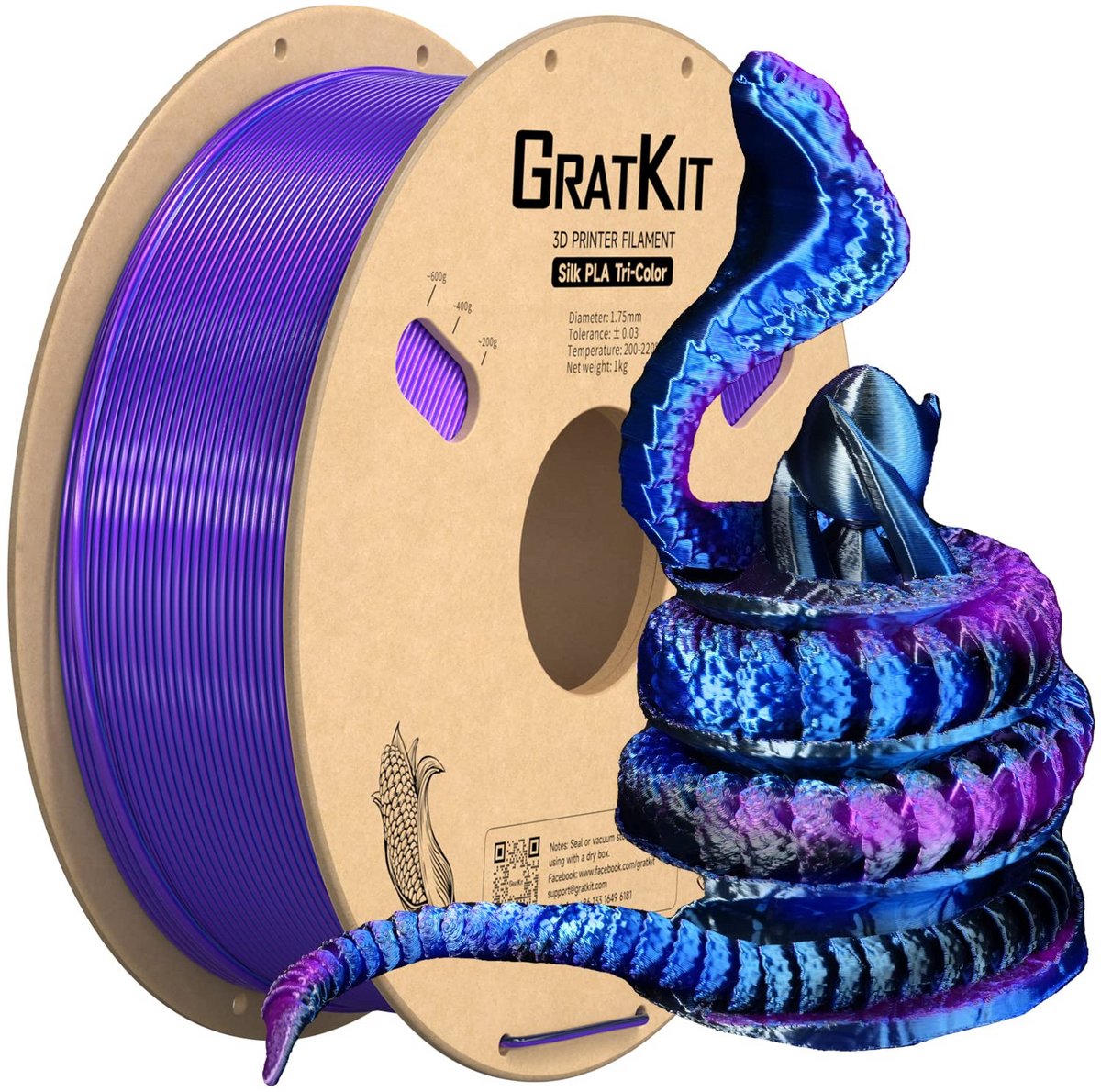 Zijde PLA Filament 1,75mm 1kg Tricolor voor 3D-printer, blauw paars zwart