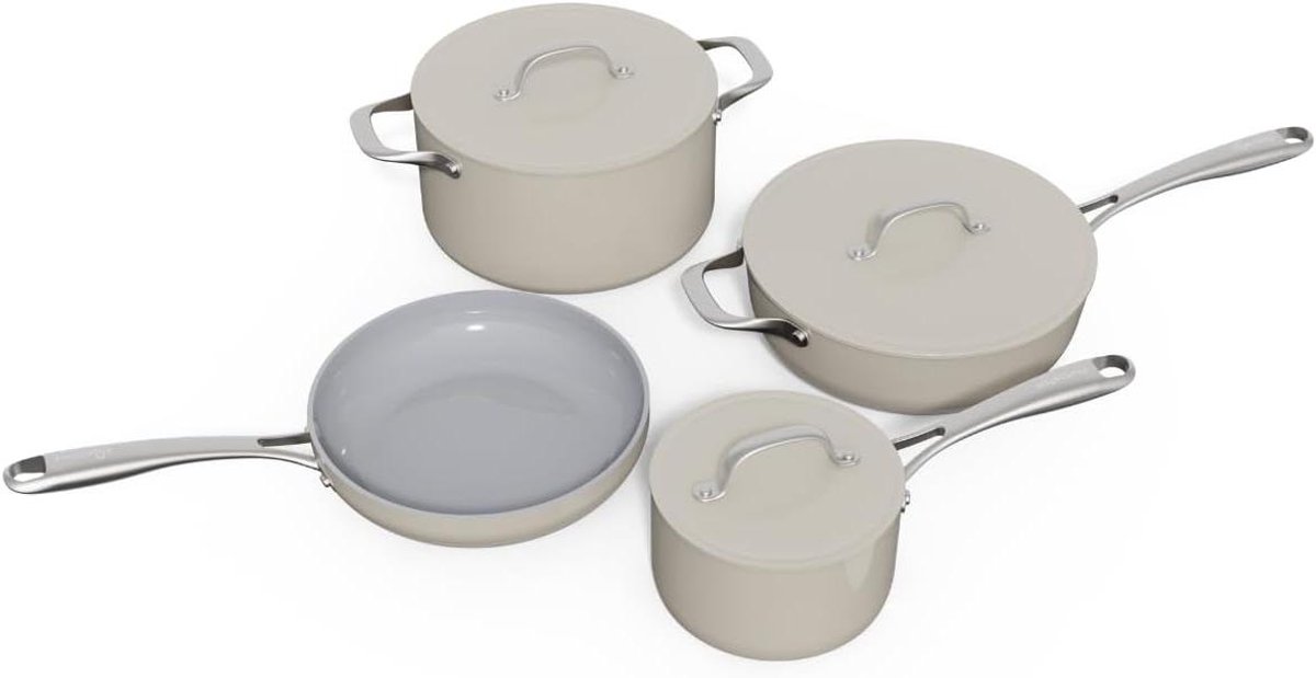 Pannen Set - Kookgerei Set - Dagelijks Koken - PFAS Vrij Keramisch - 7 Delig - Beige