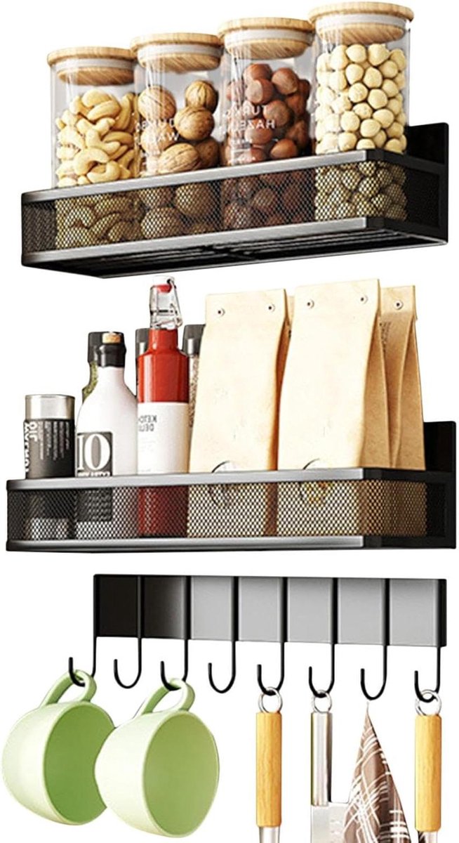 Magnetisch kruidenrek - Koelkast organizer - Keuken organiseren - Roestbestendig staal - 3 stuks - Zwart