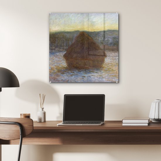 ® Glasschilderij 50x50 cm - Schilderij acrylglas - Hooiberg (dooi, zonsondergang) - Claude Monet - Foto op glas - Muurdecoratie woonkamer - Wanddecoratie slaapkamer - Schilderijen