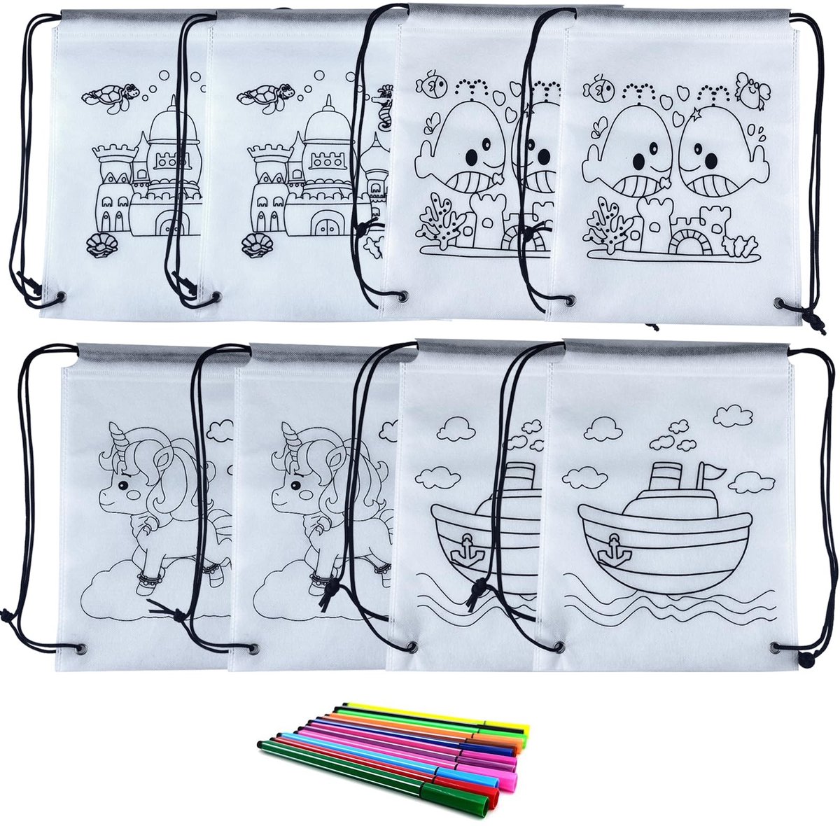 Allecto - Kids Coloring Backpack - Kleurboeken - Creatief en leuk - 8 Stuks - Graffiti Tassen - Voor kinderen - DIY Schilderen