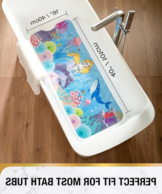 Extra lange antislip badmat 101 x 40 cm voor kinderen, met zuignappen en afvoergaatjes, machinewasbaar, zeemeermin ontwerp van Merkloos — afbeelding 2
