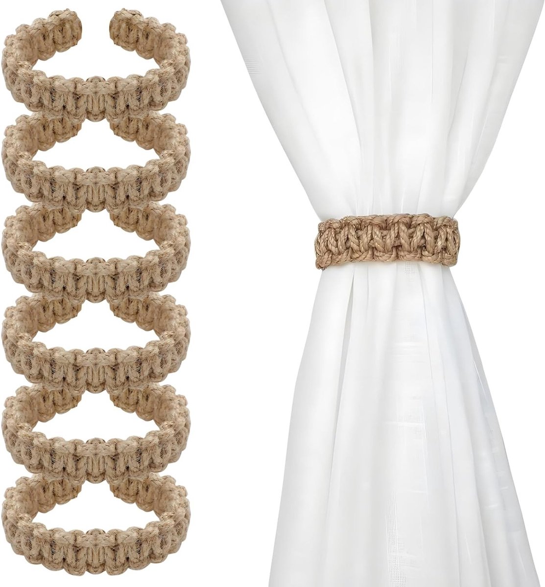 Bohemian stijl gevlochten gordijnhaken, 6 stuks, elegante rustieke accessoires voor een natuurlijke uitstraling in huis