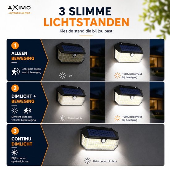 AXIMO solar buitenlamp met 3 lichtstanden: alleen beweging, dimlicht + beweging, en continu dimlicht. Met demonstratie van de lichteffecten.