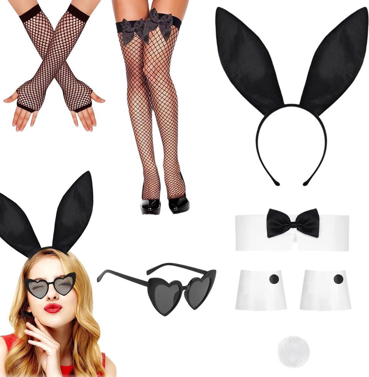 Vrouwelijk Konijn Kostuum met 7 Accessoires, Oren Hoofdband, Strik, Manchet, Staart, Handschoenen en Sokken voor Halloween en Cosplay Feesten