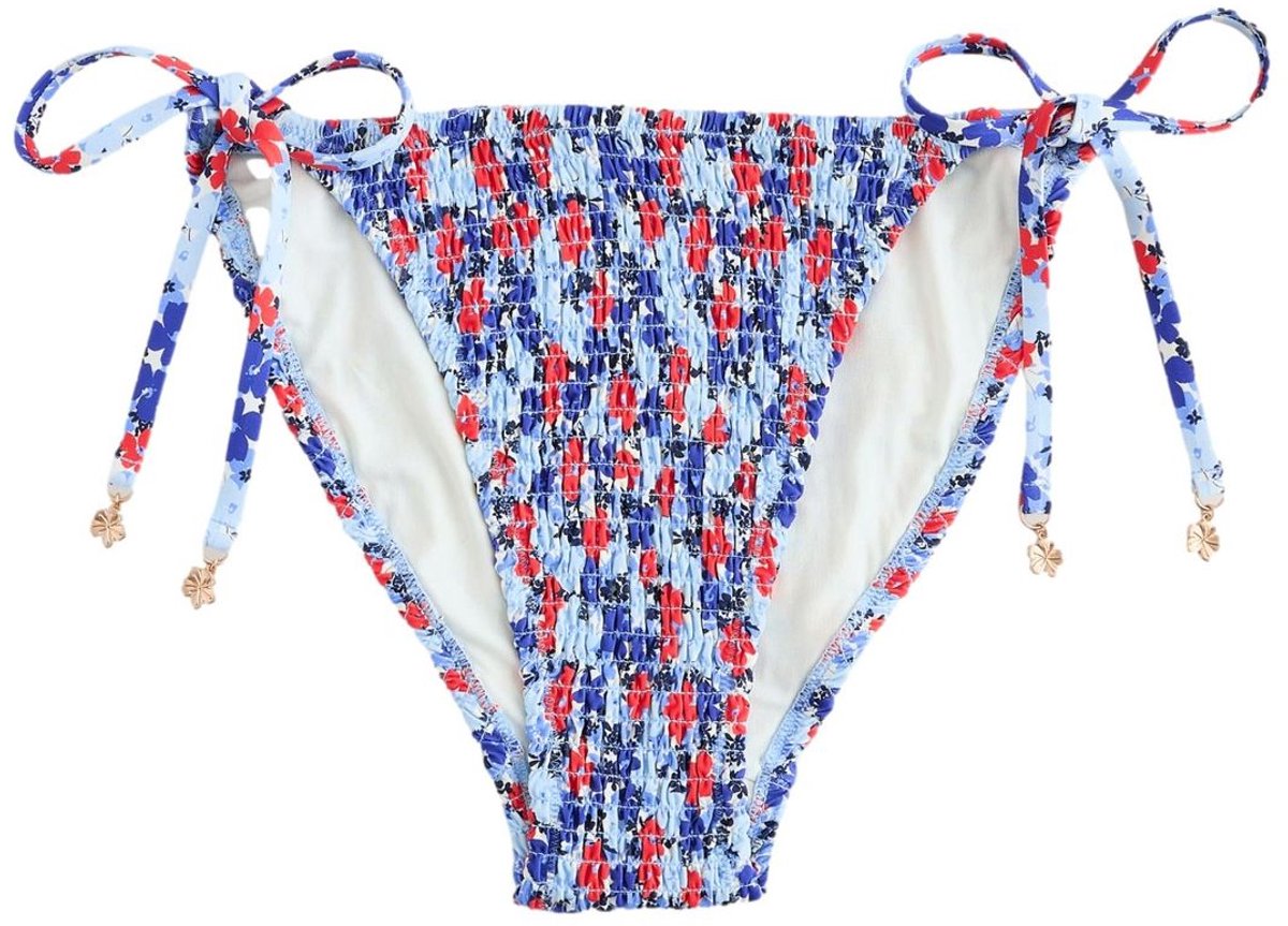 Next Dames - Gerimpelde bikinislip met knoop aan de zijkant - Blauw Blue/Red Ditsy Floral