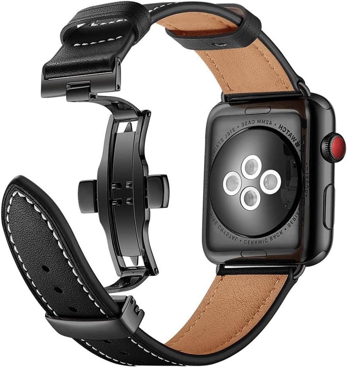 Zachte leren sportarmband voor Apple Watch 45 mm, 44 mm, 42 mm - Ademend, lichtgewicht vervangband met metalen vlinderbuckle voor Series 7/6/5/4/3/2/1/SE
