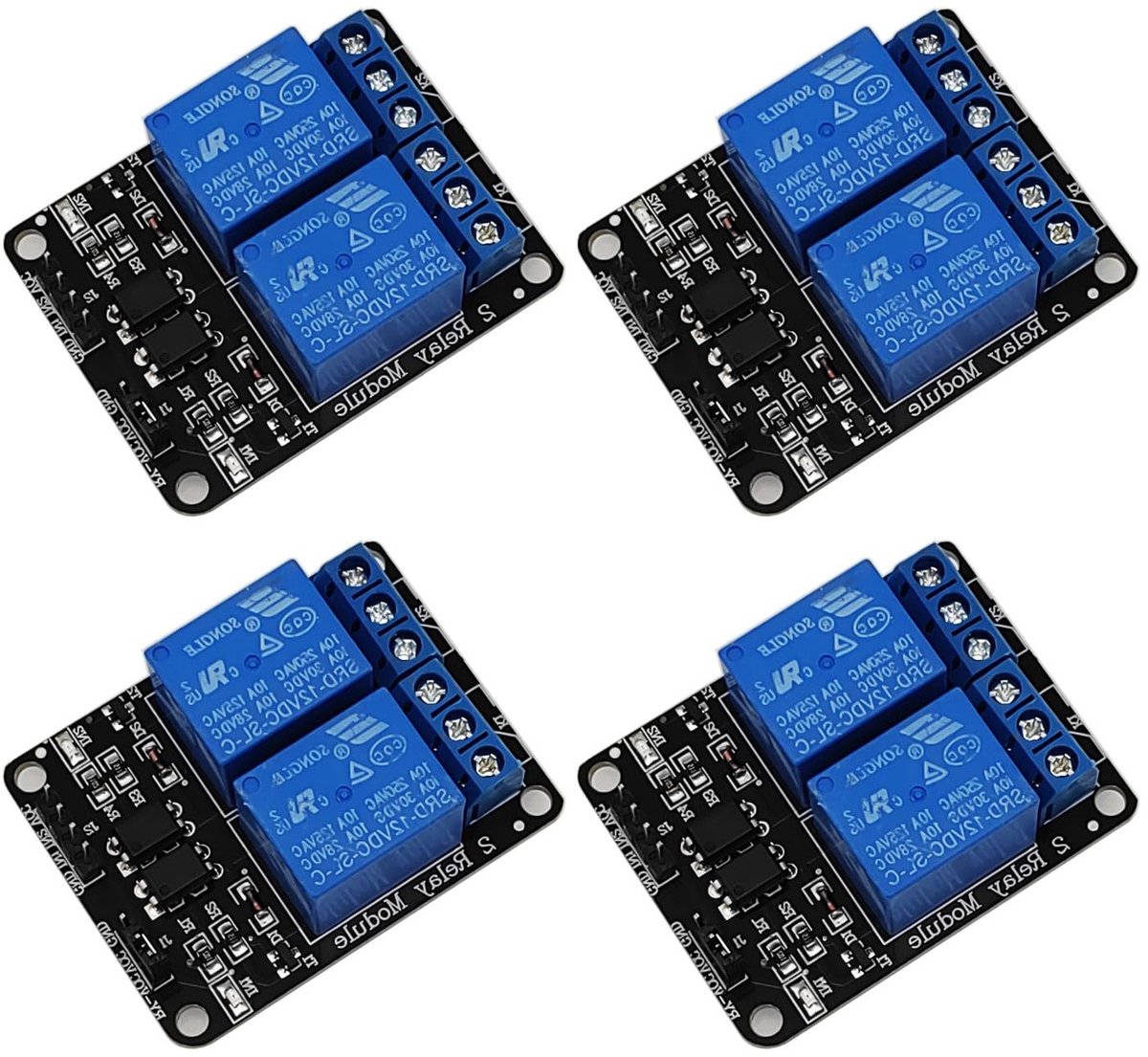 4-delige 2-kanaals relaismodule 12V met optokoppelaar voor Raspberry Pi en Arduino, zwart