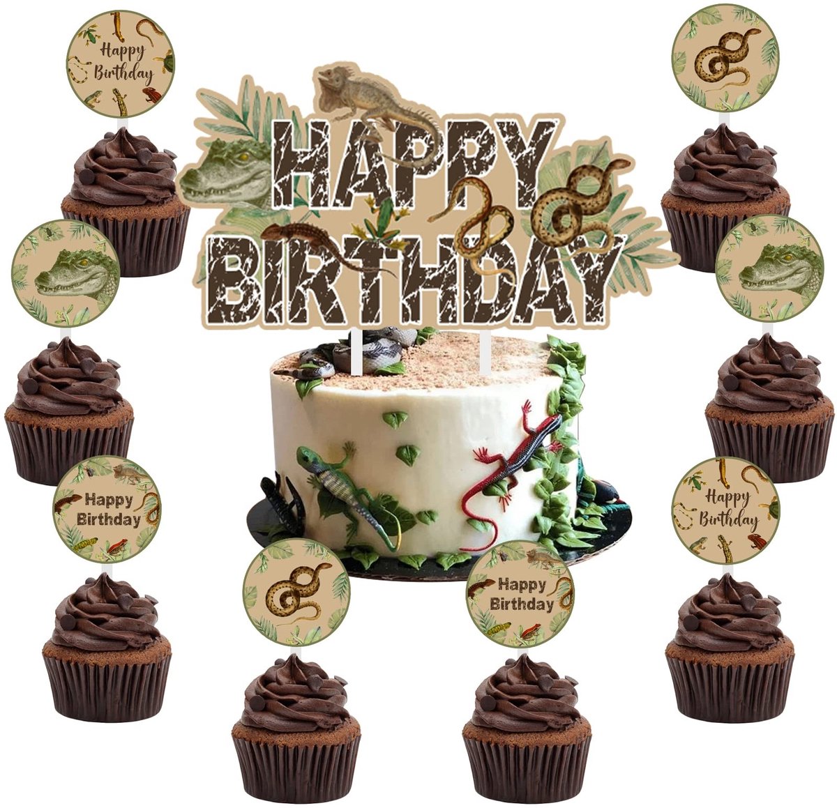 Allecto - Reptile Cake Topper - 13-delige Decoratie - Safari Dieren Thema - Groen en Bruin - Verjaardagsfeest - Geschikt voor Jongens en Meisjes