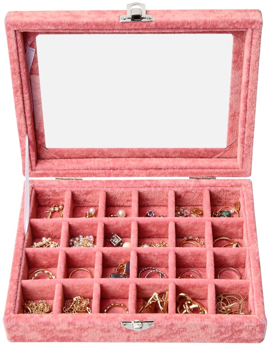 aladdien - Sieradenlade - Oorbellen Organizer - Fluwelen Design - Roze - Compartimenten voor Ringen en Kettingen - Geschikt voor Volwassenen - 24 Ro..