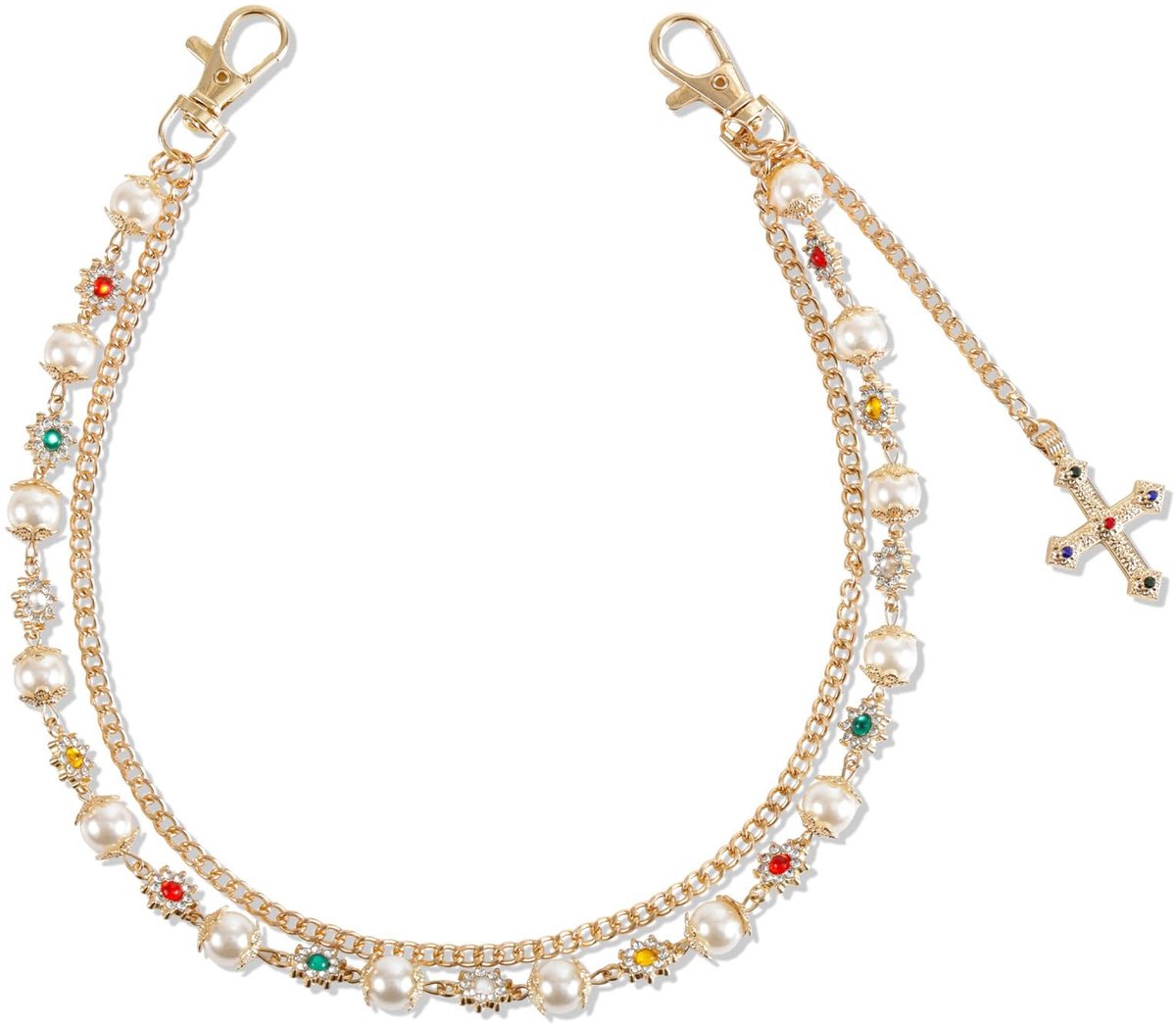 Stijlvolle Multi-layer Pants Chain met Bloemen en Parels - Modieuze Sleutelhanger voor Jeans en Portemonnee