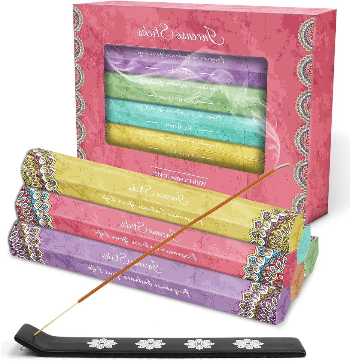 Multipack van 120 Wierookstokjes met Houder in 6 Geuren voor Kerst, Yoga, Meditatie en Bruiloften