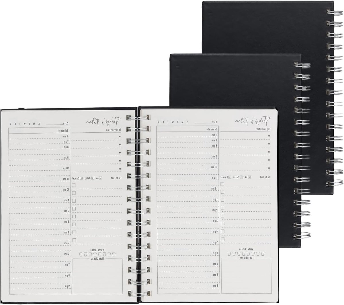 A5 Dagplanner Set van 3 Stuks met Zwarte Leren Kaft, Spiralblok met 160 Pagina's voor Taken en Notities, Ideaal voor Organisatie en Productiviteit, 21.5 x 15 cm