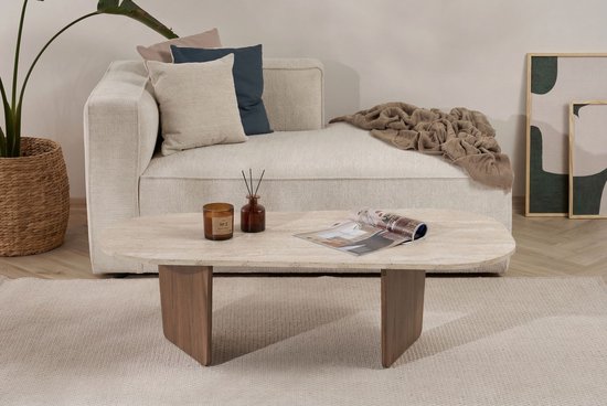 Asir - Salontafel - Travertijn, walnoot - 100% met melamine gecoat spaanplaat - 130 x 65 x 40 cm