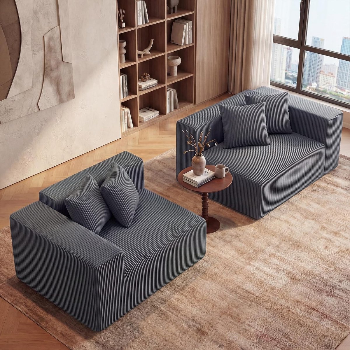 Luxe Boneless 2–3 Zits Vloerbank met Diepe Zitting & Rugleuning 204 x 89 x 64 cm, Corduroy Comfort Sofa met 4 Kussens – Geen Montage Nodig