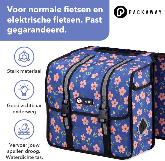Packaway Dubbele Fietstassen - Waterdichte Fietstassen Elektrische Fiets - 36 Liter - Bleu Blossom — afbeelding 2