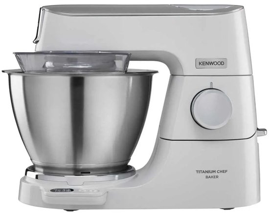 Robot pâtissier Kenwood blanc avec bol inox et bouton de commande.
