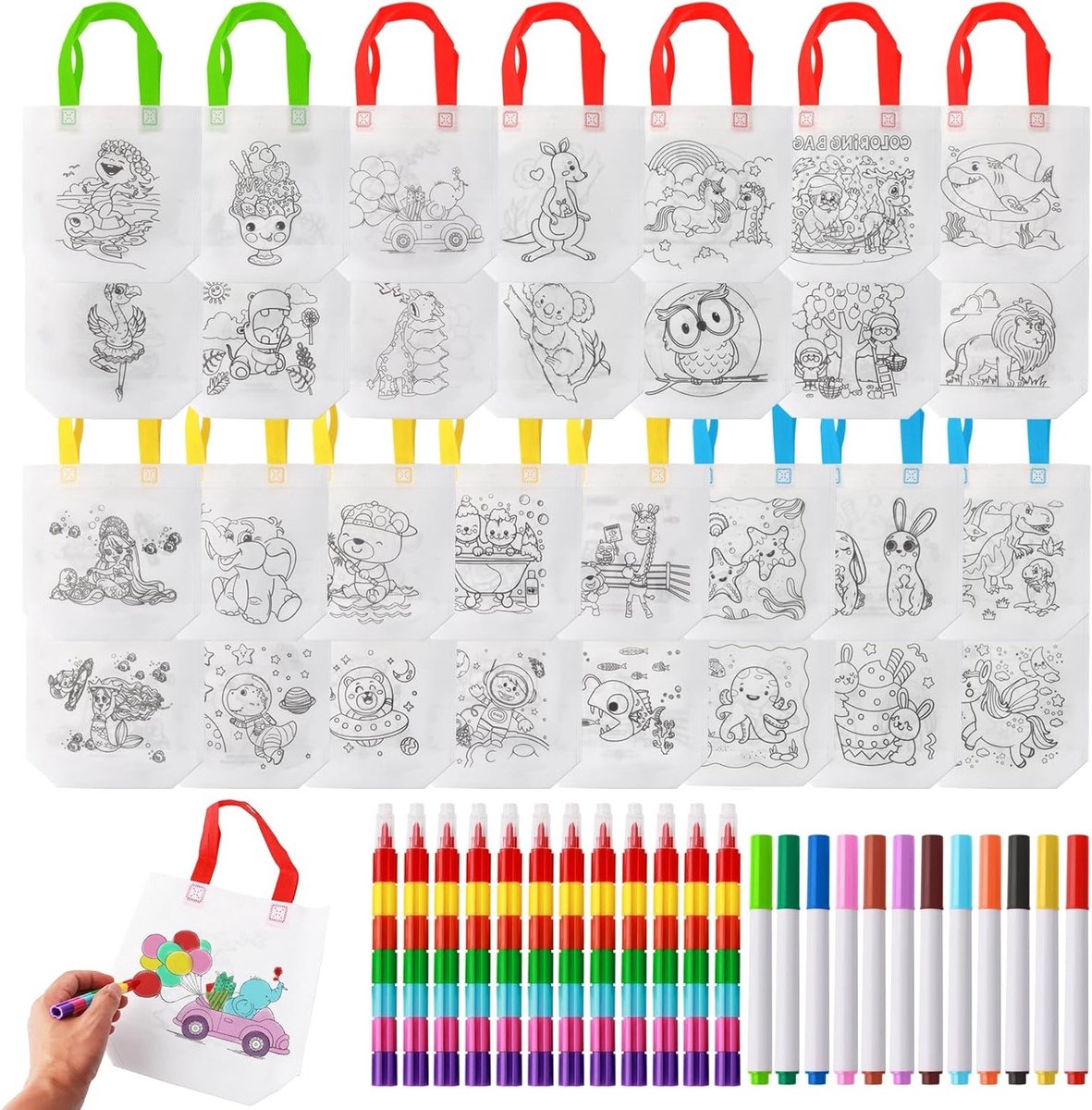 Set van 15 Stoffen Tassen voor Schilderen, Inclusief 12 Waskrijtjes en 12 Waterverf Potloden, Creatieve Kleurset voor Kinderen, Perfect voor Knutselen en Cadeaus