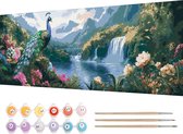 Grand XXL Peinture par numéros pour Adultes - Set de Peinture à l'huile Peint à la main DIY avec motif Paon, Toile 30 x 80 cm, Pinceau et Peinture Acrylique Inclus (sans Cadre)