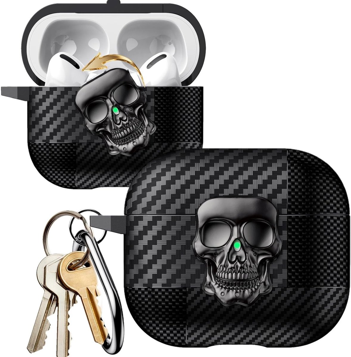 Coole 3D Metalen Rotatable Skull Lock Hoes voor AirPods Pro 3 - Schokbestendig Carbon Fiber Volledige Bescherming met Sleutelhanger - Perfect Cadeau voor Mannen en Vrouwen