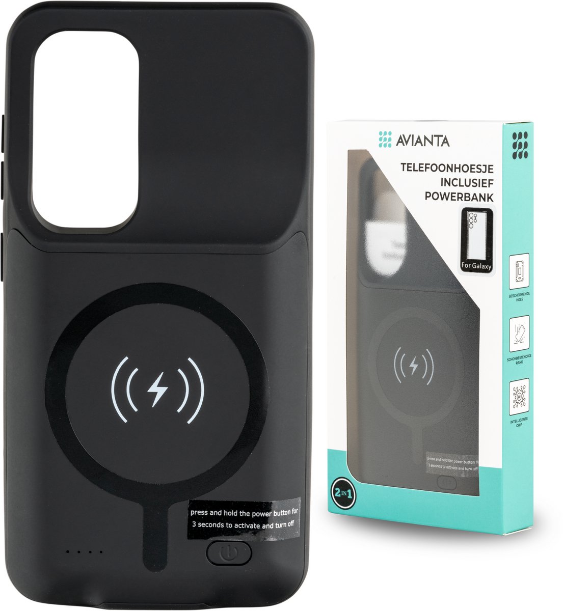 AVIANTA® Powerbank Telefoonhoesje - Geschikt voor Samsung Galaxy S25 - Oplaadbaar Hoesje - Draadloos telefoon opladen - Smart Battery Case - Cover - Powerbank hoes - Zwart