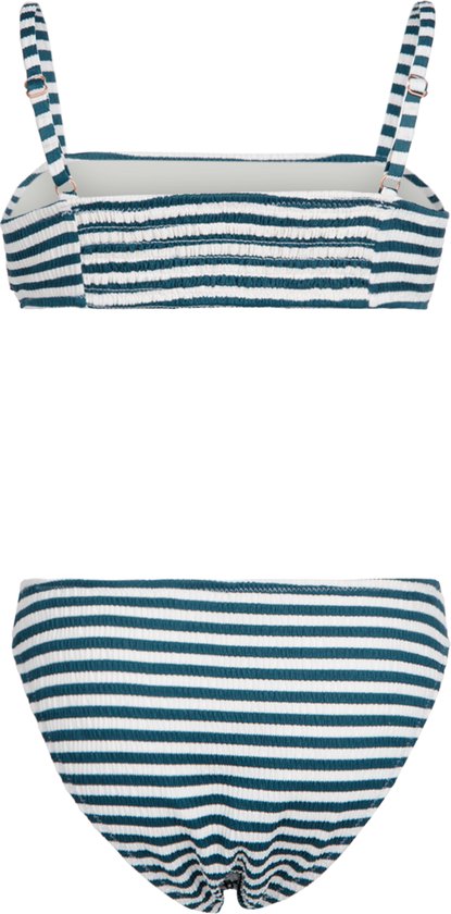 Bikini à rayures bleu foncé et blanc, avec fines bretelles et devant plissé.