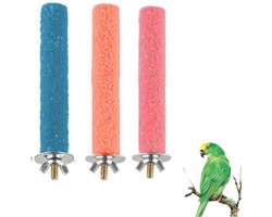 3 vogelzitstokken, veelkleurig (roze, oranje, blauw), hout, kwartszand, 15 cm pootlus speelgoed voor parkieten, interactieve zitstokken voor papegaaien in de vogelkooi.