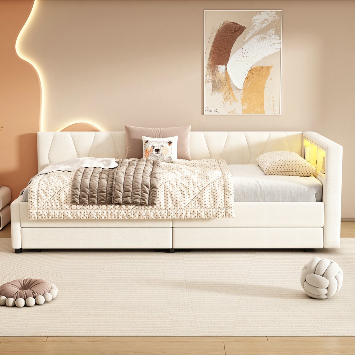 VVBV Slaapbank 1 persoons / Bedbank 90x200 – met Lades, LED-Verlichting, USB, Stopcontact, Lattenbodem – Linnen – Beige – Zonder Matras