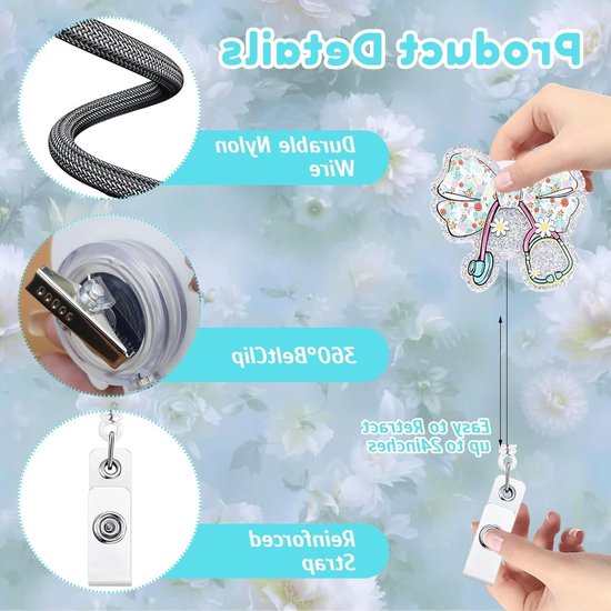 Schattige Bloemen Stethoscoop Badge Reel Set van 2, Retractable ID Badge Clip voor Verpleegkundigen en Medisch Personeel met Alligator Clip — afbeelding 2