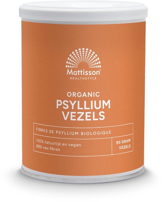 Oranje blik met 'Mattisson HEALTHSTYLE ORGANIC PSYLLIUM VEZELS', 90 gram vezels.
