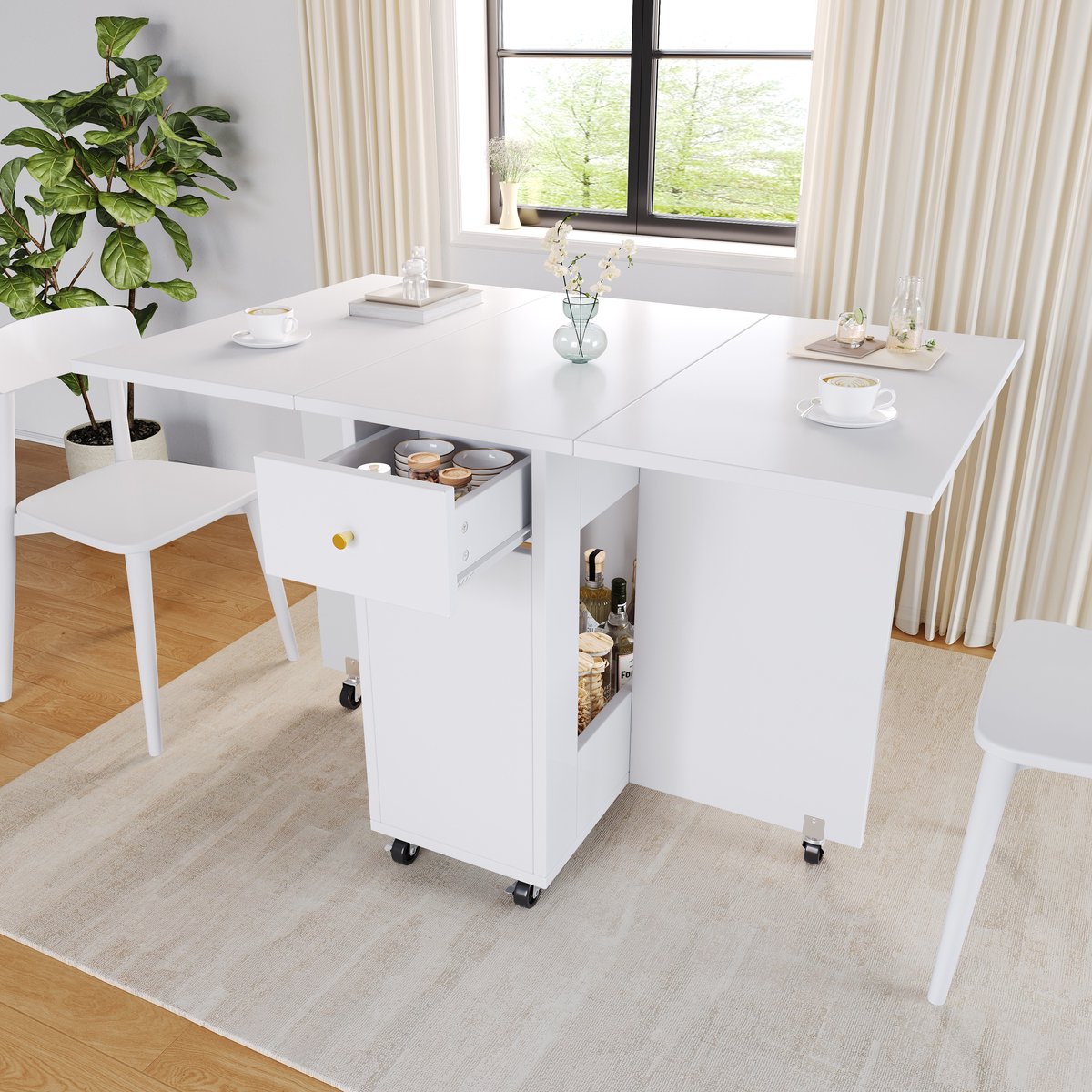 BLACKCOLORS Opklapbare eettafel (120 x 75 x 75 cm), mobiel keukenwerkblad, voor 2-4 personen, met open opbergruimte, 2 lades, rembare wieltjes, ideaal voor keuken, woonkamer, eetkamer, wit