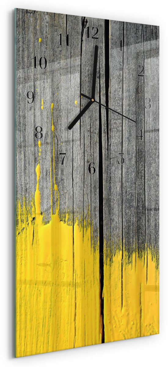 TULUP Wandklok - Houten plank Moderne Wandklok Glas - 30x60 cm - Geel Wandklok Glas Decoratie - Zwarte Handen - Rechthoekige Wandklok - Klok Glas Met Opdruk - Moderne Wandklok Glas Geel - Houten plank