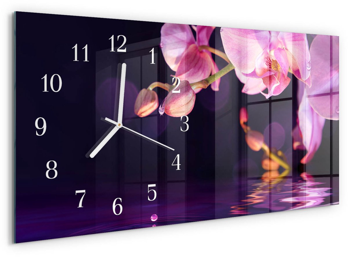 TULUP Wandklok - Orchidee Glazen Klok Met Print - 60x30 cm - Paars Moderne Glazen Wandklok - Witte Handen - Rechthoekige Wandklok - Klok Glas Met Opdruk - Moderne Wandklok Glas Paars - Orchidee