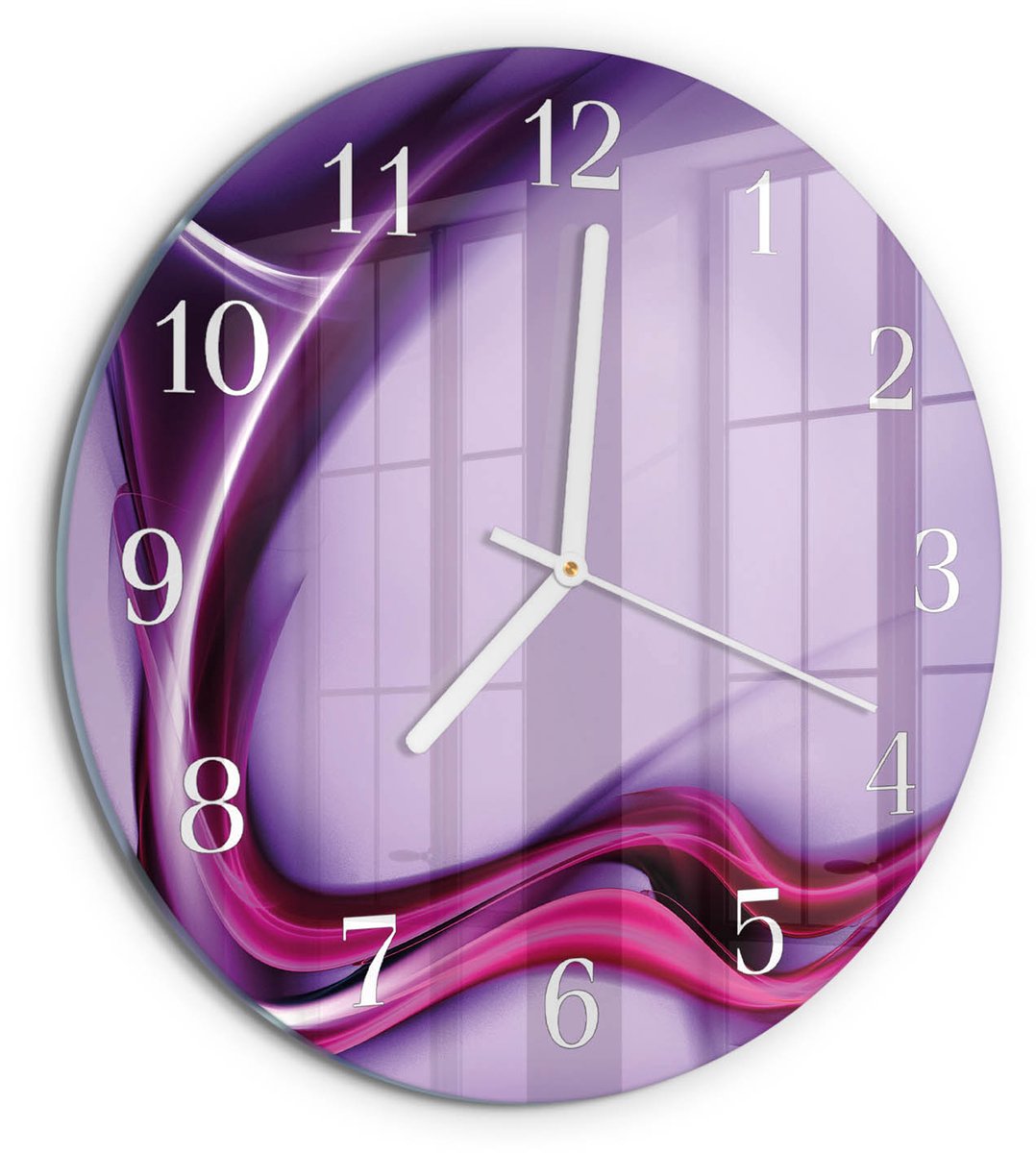 TULUP Wandklok - Abstractie Wandklok Glas Met Motief - 30fi cm - Paars Decoratieve Glazen Klok - Witte Handen - Ronde Wandklok - Moderne Wandklok Glas - Wandklok Glas Decoratie Paars - Abstractie