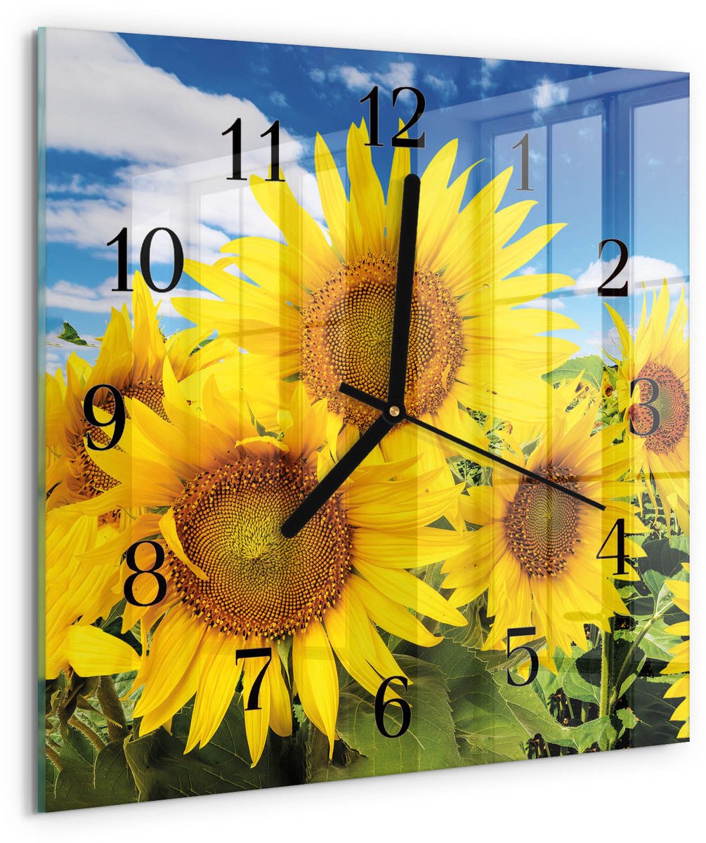 TULUP Wandklok - Zonnebloemen Klok Glas Met Opdruk - 30x30 cm - Geel Moderne Wandklok Glas - Zwarte Handen - Vierkante Wandklok - Decoratieve Glazen Klok - Glazen Wandklok Design Geel - Zonnebloemen
