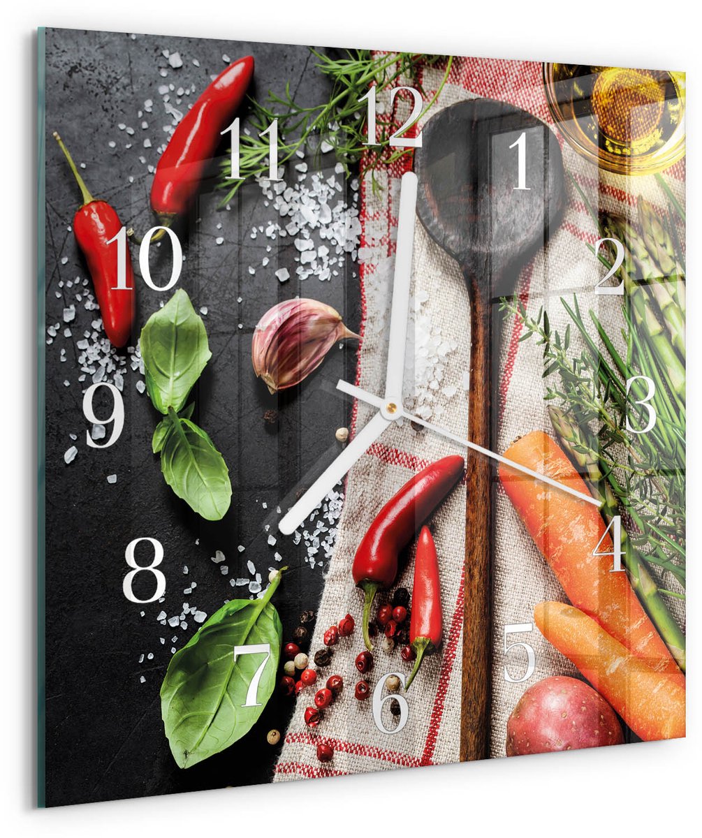 Tulup Wandklok - Specerijen Wandklok Glas Decoratie - 30x30 cm - Veelkleurig Gekleurde Glazen Klok - Witte Handen - Vierkante Wandklok - Glazen Wandklok Design - Klok Glas Met Opdruk
