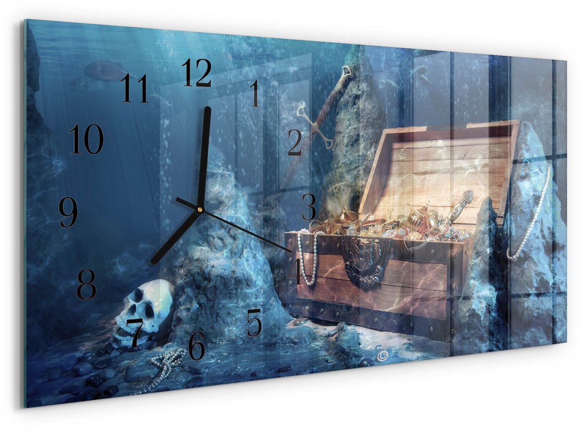 TULUP Wandklok - Onderwaterschat Gekleurde Glazen Klok - 60x30 cm - Blauw Glazen Klok Met Print - Zwarte Handen - Rechthoekige Wandklok - Gekleurde Glazen Klok - Glazen Klok Met Print