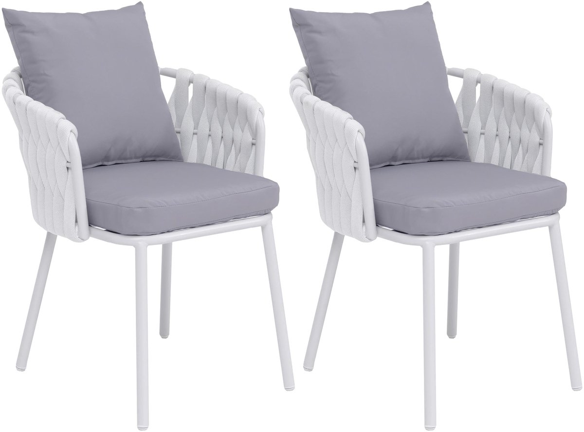 MCW Set van 2 aluminium eetkamerstoelen MCW-P89, stoel voor binnen met armleuningen, stof/textiel (180 g/m²) met gevlochten touw ~ lichtgrijs