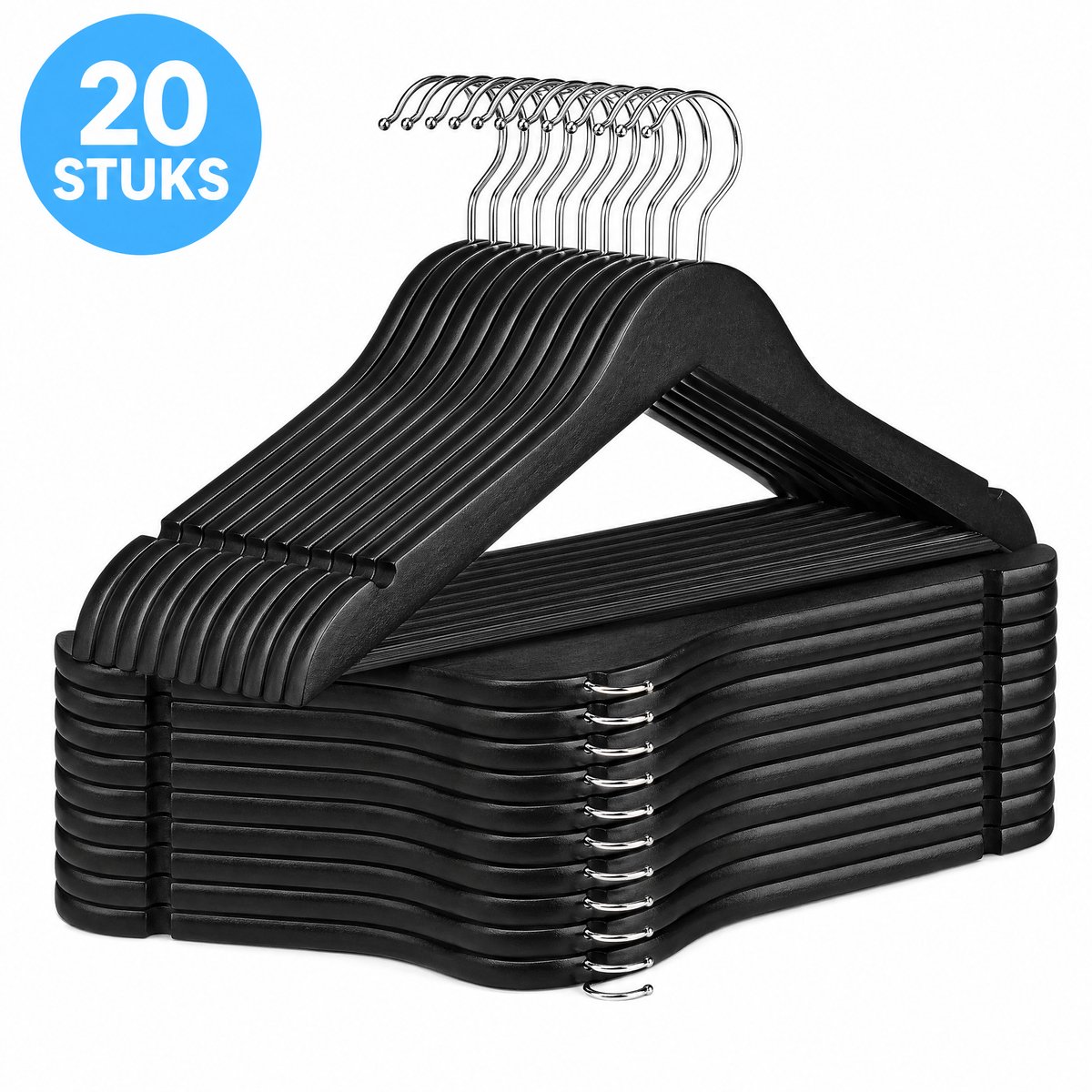 Monza Home® Houten Kleerhangers – Set van 20 stuks – Zwart Kledinghangers – Antislip Broekstang – 360° Draaibare Haak