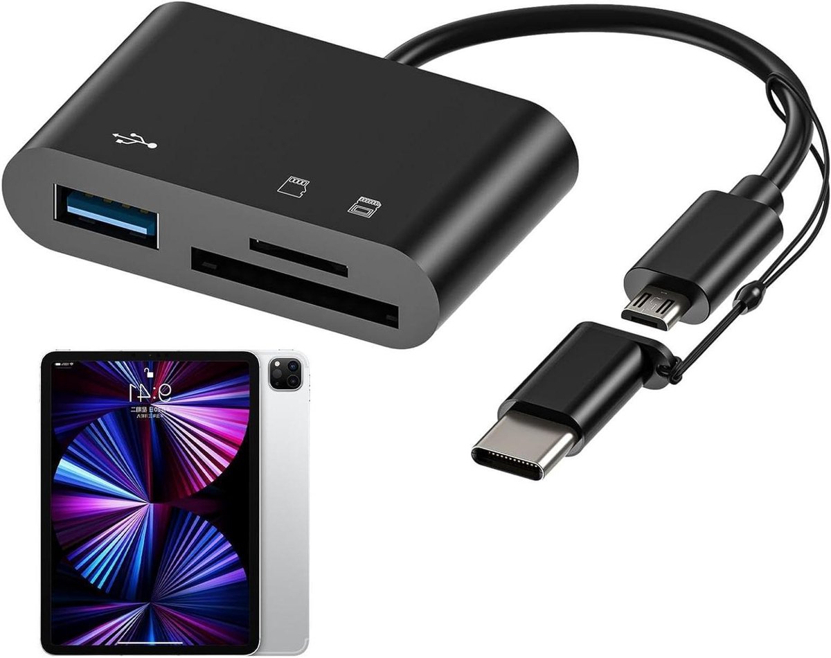 Geheugenkaartadapter - Kaartlezer - Snelle Dataoverdracht - Dubbele Kaartsleuf - 3-in-1 Ontwerp - Zwart